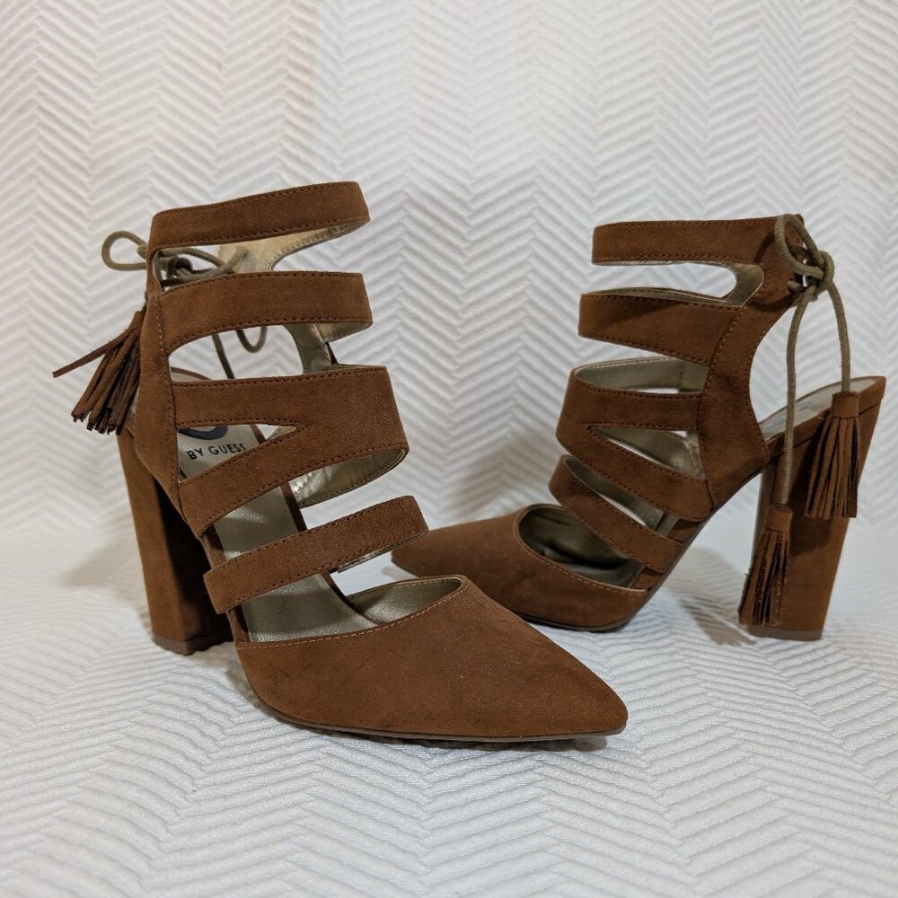 G by Guess Brown Faux Suede Shoes Block Heels Tassel Tie Back Size 7.5 Fall